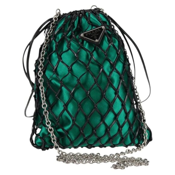 PRADA Chain Shoulder Bag Satin Green Auth - Picture 1 of 16